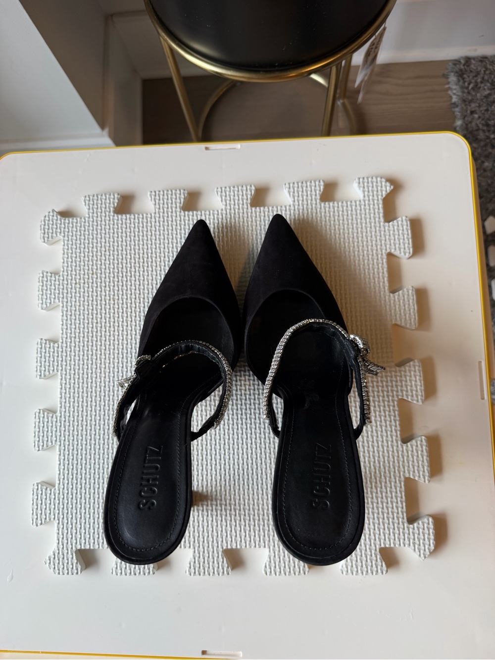 SCHUTZ Black Pointed Toe Slingback Mules with Crystal Embellished Strap